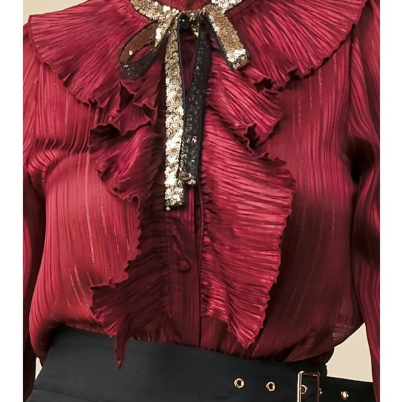 Elegant Burgundy Ruffled Sequins Bow Tie Blouse Top S-L - Picture 3 of 5